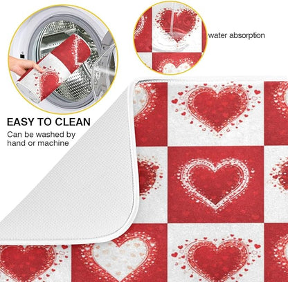 Valentine's Day Love Heart Red Buffalo Plaid Dish Drying Mat 16x18 for Kitchen Mother's Day Rose Pink Flowers Dishes Pad Dish Drainer Rack Mats Absorbent Fast Dry Kitchen Accessories