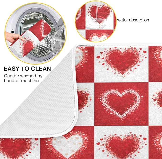 Valentine's Day Love Heart Red Buffalo Plaid Dish Drying Mat 18x24 for Kitchen Mother's Day Rose Pink Flowers Dishes Pad Dish Drainer Rack Mats Absorbent Fast Dry Kitchen Accessories