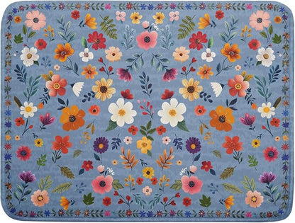 Colorful Flower Dish Drying Mat - Blue Large Floral Coffee Mat for Kitchen Counter Decor 18 X 24