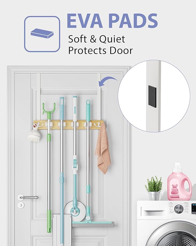 FANGSUN Broom Holder Door Mount Hanging, Over The Door Broom and Mop Organizer with 4 Slots and 4 Hooks, Wooden Tool Rack Storage Hanger for Laundry, Closet, Garage, No Drills