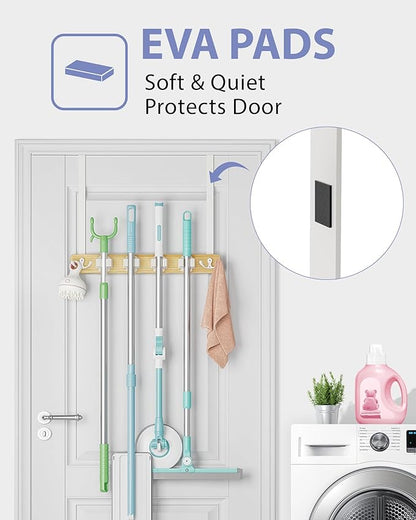 FANGSUN Broom Holder Door Mount Hanging, Over The Door Broom and Mop Organizer with 4 Slots and 4 Hooks, Wooden Tool Rack Storage Hanger for Laundry, Closet, Garage, No Drills