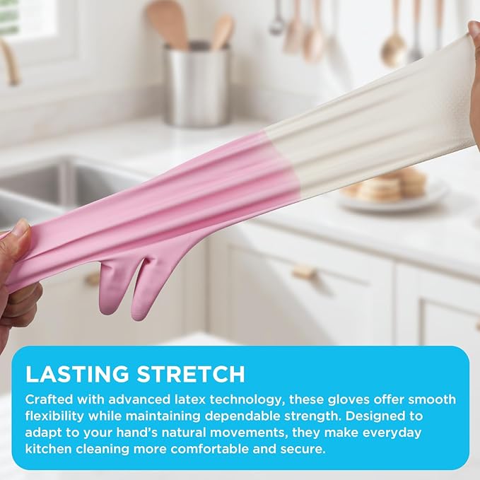 Household Rubber Gloves Non-Slip Dishwashing Cleaning for Kitchen & Bathroom Reusable (2 Pairs Pink+Blue)