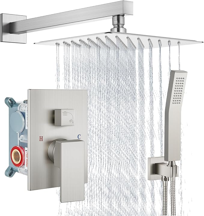Aolemi Shower Faucet Set Rain Shower System with Handheld Spray Bathroom Shower Combo Rough-in Valve and Shower Trim Kit Included Brushed Nickel 10 Inch Wall Mount Shower Head