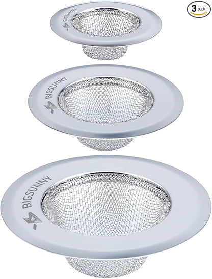 Mesh Sink Strainer Set of 3, MSY BIGSUNNY Stainless Steel Kitchen Sink Strainer Kitchen Drain Strainer with Large Wide Rim(4.5"+3.6"+2.8" Diameter) for Kitchen Sinks