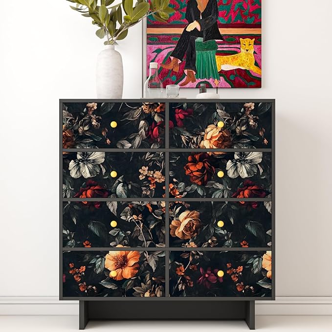 Extra Long Vintage Dark Floral Wallpaper, 17.5In x 393In Moody Black Garden Flower Design Self-Adhesive Removable Wall Paper for Bedroom Stairwell Vinyl Contact Paper Wall Art Decor