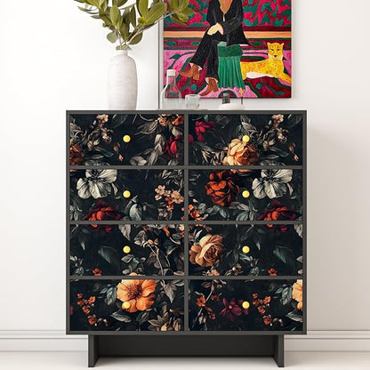 Extra Long Vintage Dark Floral Wallpaper, 17.5In x 393In Moody Black Garden Flower Design Self-Adhesive Removable Wall Paper for Bedroom Stairwell Vinyl Contact Paper Wall Art Decor