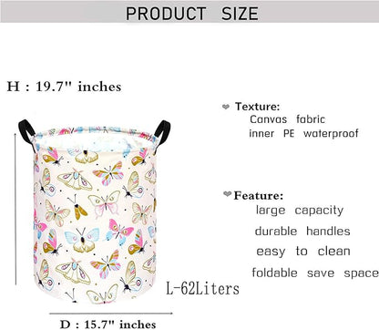 KUNRO Round Spring Butterfly Laundry Gift Basket Storage Hamper, Clothes Storage Organizer Bins, Shelf Basket with Handles for Room Decor
