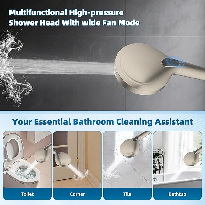 Hibbent All Metal cUPC Certified Shower Head, 8'' High Pressure Rain Shower Head, Handheld Showerhead Combo with 16'' Adjustable Extension Arm, 10 Sprays, 71'' Hose, Showerhead Holder, Brushed Nickel