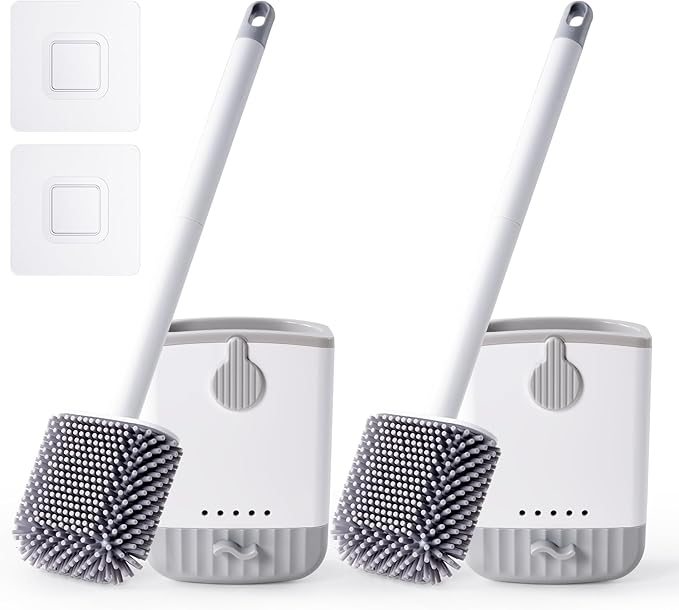 HONOVA 2 Pack Silicone Toilet Bowl Brush with Ventilated Holder, Toilet Brush and Holder Set，Floor Standing & Wall Mounted, Toilet Cleaner Brush for RV Travel, Camper, Family Bathroom（White）