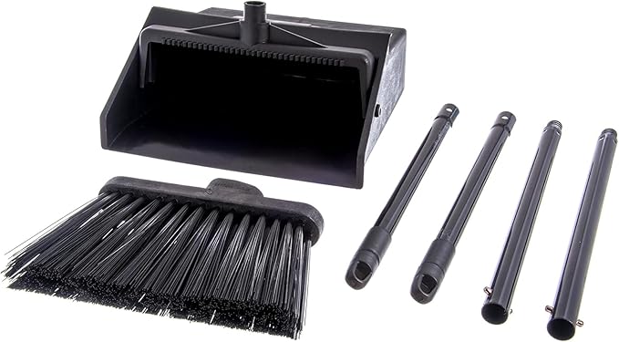 Carlisle FoodService Products Duo-Pan Lobby Broom and Dustpan Set – 36" Upright Broom with 2-Piece Handle and Pivoting Pan – Compact Commercial Floor Tool for Tight Spaces, Black