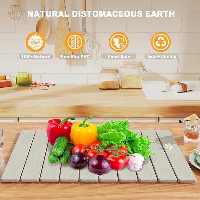 Stone Drying Mat for Kitchen Counter, Large Quick Dry Stone Mat, Collapsible Diatomaceous Earth Mats for Dishes Bottles Cups, Fits Any Countertop,23"×15.3",Light grey