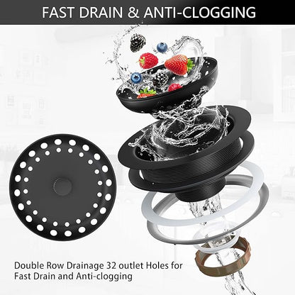 Black Sink Drain 3-1/2 Inch Matte Black Kitchen Sink Drain Strainer Assembly Kit with Strainer Basket and Drain Stopper for Standard Kitchen Sink Stainless Steel