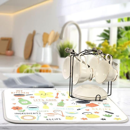 Absorbent Dish Drying Mat Kitchen Doodle Pattern Kitchen Counter Mat Protector,Reversible,Extra Large 24 x 18 Inches