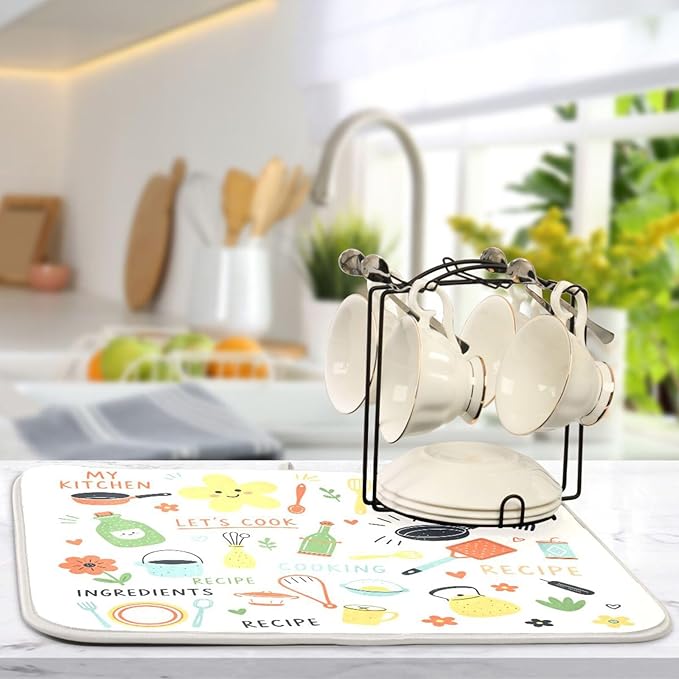 Kitchen Drying Mat Absorbent Dish Drying Mat for Kitchen Counter Kitchen Doodle Pattern Microfiber Drying Mat 18 x 16 Inches