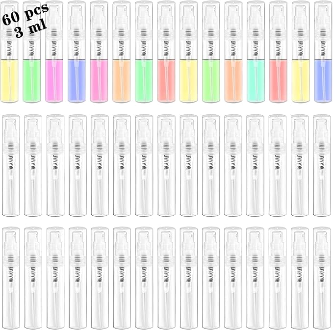Mini Spray Bottle, Clear Plastic Empty Sample Containers, Fine Mist Perfume Travel Refillable Spray Bottle Perfume Atomizer Small Portable Bottle for Cleaning, Travel, Essential Oils(60, 3ml)
