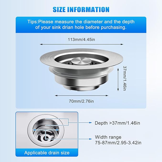 3 in 1 Kitchen Sink Drain Strainer, Universal Pop Up Stopper with Brass Core & Removable Stainless Steel Filter Basket, Anti-Clogging Sink Drain Strainer for US Standard 3-1/2'' Drain Hole