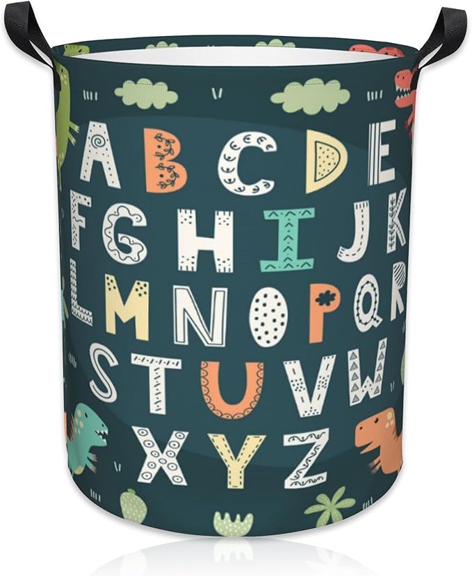 Laundry Basket Funny Alphabet with Cute Dinosaurs Laundry Basket Oxford Cloth Laundry Hamper Large Storage Baskets Toy Organizer Tote Bag For Bedroom Clothes Bathroom 17.3(H) x16.5(D) Inch