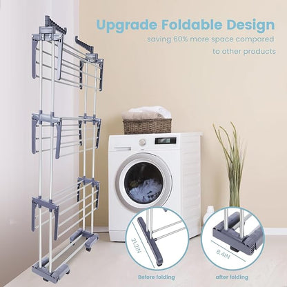 Clothes Drying Rack Foldable Drying Rack Clothing,Oversize 4 Tier(70" High) Clothes Horses Stainless Steel Laundry Drying Rack with Collapse Base& 24 Poles for Clothing&Bed Linen,Gray
