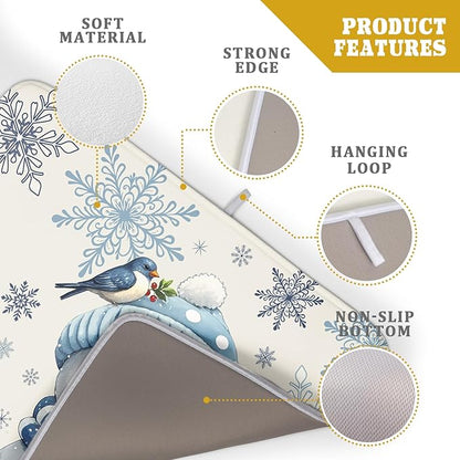 Winter Snowman Dish Drying Mat for Kitchen Counter 18x24 Blue Snowflake Bird Christmas Holiday Absorbent Reversible Microfiber Drying Mats Kitchen Countertop Protector Dishes Drainer Rack Pad