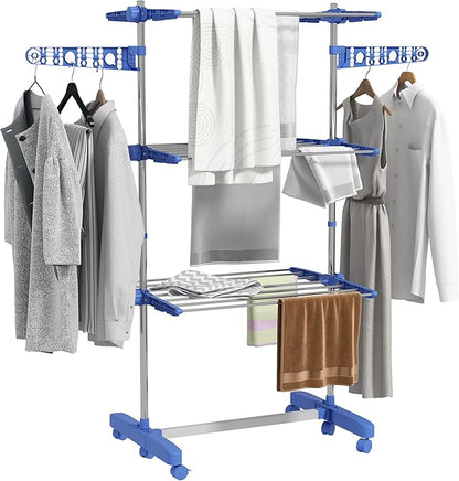 HOMCOM Folding Clothes Airer in Stainless Steel and Plastic, Space-Saving Vertical Drying Rack with 6 Wheels, Hooks and 3 Adjustable Shelves for Indoors, 142 x 55 x 152 cm, Silver Blue