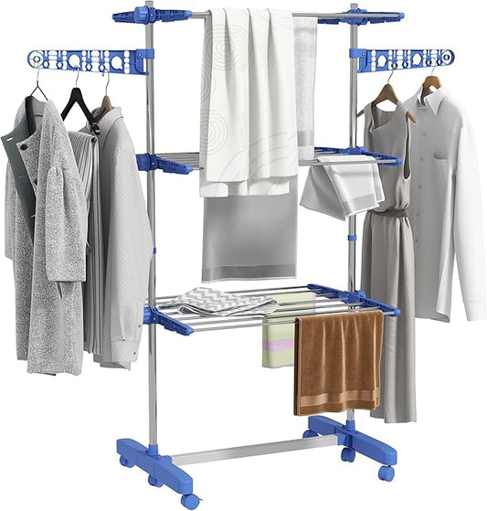 HOMCOM Folding Clothes Airer in Stainless Steel and Plastic, Space-Saving Vertical Drying Rack with 6 Wheels, Hooks and 3 Adjustable Shelves for Indoors, 142 x 55 x 152 cm, Silver Blue
