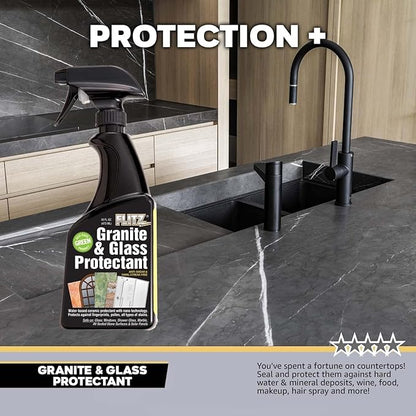 Flitz Granite & Glass Protectant - 16oz Bottle of USA-Made Granite Sealer and Glass Countertop Protector - Cleans & Prevents Liquid, Stains, & Others - Also Works on Marble & All Metals (3 Pack)