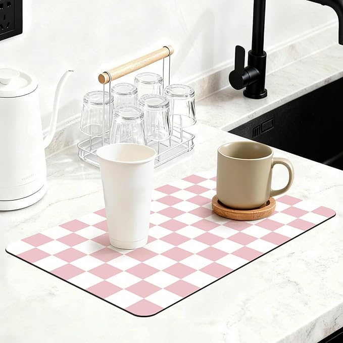 16" x 24" Checkered Dish Drying Mat for Kitchen Counter, Absorbent Coffee Bar Mat for Espresso Machine Coffee Countertops Accessories (Pink)