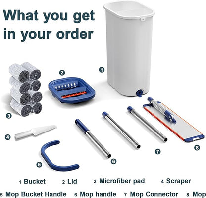 Large Mop and Bucket System with Wringer Set, Hands-Free Flat Mops for Floor Cleaning, Mopping Bucket System with 8 Washable Microfiber Pads for Wet and Dry Use, Home Windows and Wall Cleaner Mop