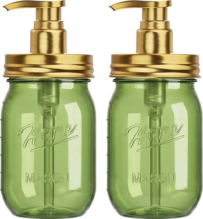 Amolliar Plastic Mason Jar Soap Dispenser with Pump Lid,16OZ Refillable Hand Soap Dispenser Set with Cute Lables - Farmhouse Decor for Kitchen Bathroom, Liquid Soap, Dish Soap, Lotion (2 Pack, Green)