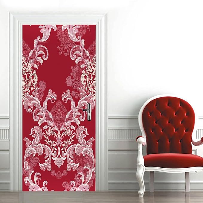 A.Monamour 3D Door Stickers for Interior Doors Damask Pattern of Flowers and Leaves in Red Color Vinyl Waterproof Self Adhesive Door Mural Decals for Bedroom Office Bathroom 85x215cm