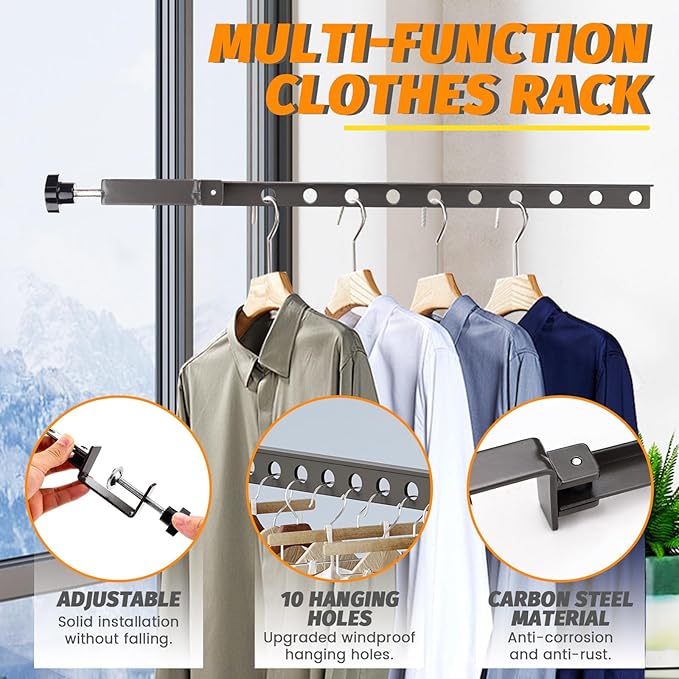 Clamp-on Clothes Drying Rack, No-Drill Foldable Laundry Drying Rack Clothing Wall Mounted, Indoor Outdoor Strong Load-Bearing Steel Laundry Hanger Dryer Rack for Balcony Window, 1 Pack