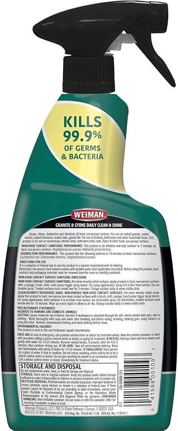 Weiman Disinfectant Granite Daily Clean & Shine - (2 Pack) Safely Clean Disinfect and Shine Granite Marble Soapstone Quartz Quartzite Slate Limestone Corian Laminate Tile Countertop