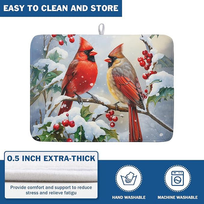 Winter Cardinal Birds Dish Drying Mat, Holly Berry Branches Dish Drying Mat for Kitchen Counter, Red Birds Absorbent Fast Dry Dish Drainer Mat Protector Xmas Microfiber Dish Drying Pad 18x24 Inch