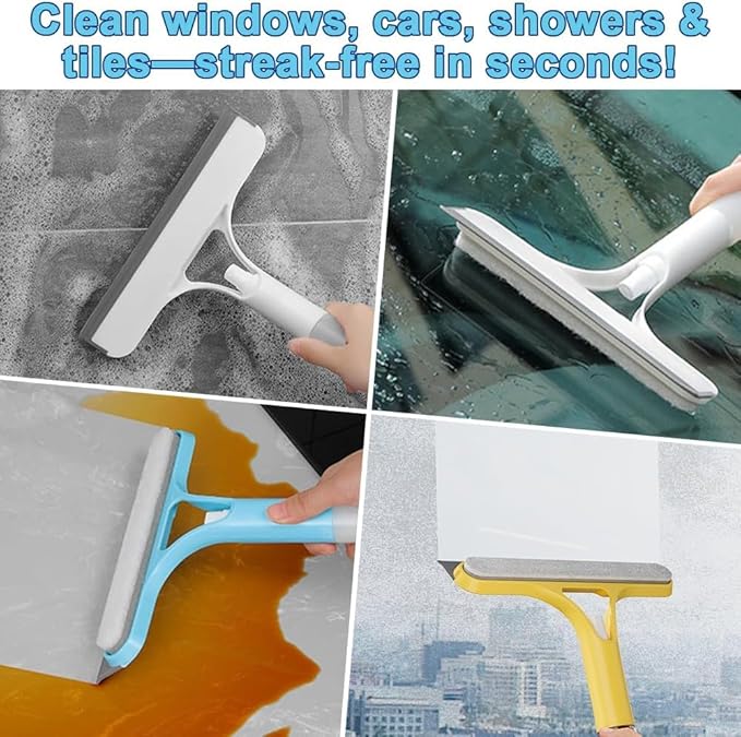 3 in 1 Window Cleaner Tool with Built-in Spray Bottle, Squeegee and Brush - 2026 New for Shower Glass, Mirrors, Car Windows (WhiteYellowBlue)