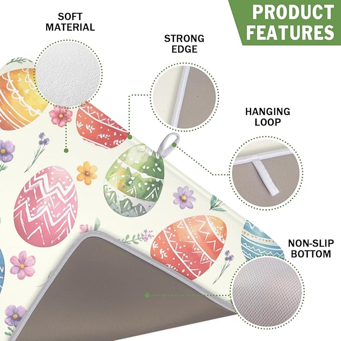 Easter Dish Drying Mat for Kitchen Counter Colorful Easter Eggs Floral Pattern Drying Mat 16x18 Inch Spring Holiday Absorbent Dish Drainer Mat Kitchen Accessories