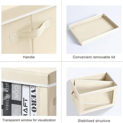 Large Storage Baskets Bins with Lids - Stackable Cube Bins for Closet, 3 Pack Beige Windows Organizer Bins, Home Organizers and Storage for Clothes, CD, Towels