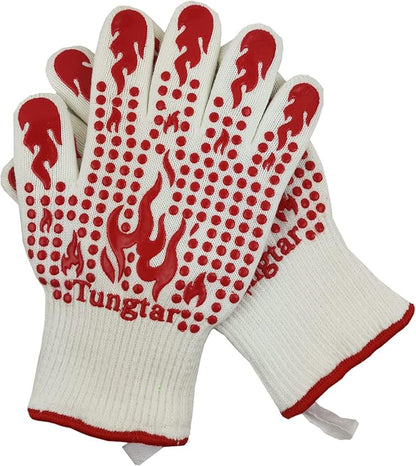Ove Gloves mit BBQ Heat Proof Oven Mitts 11Inch 1472℉ guantes para Caliente Grill Proof Heat for Men Women BBQ Gloves Bake Gift Set Cooking Gloves for Cooking Grilling Baking Welding (White Red)