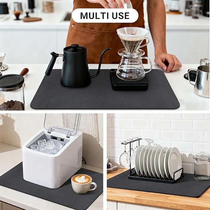 Coffee Mat 20x12 Inch, Black Coffee Machine Mat, Absorbent Hide Stain Rubber Backed Dish Drying Mat for Kitchen Counter, Bar Mats for Countertops, Under Coffee Bar Maker Machine Pot Espresso Staion