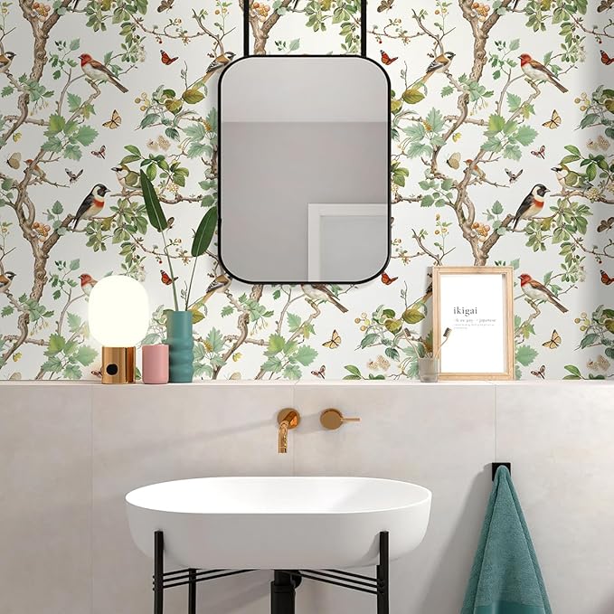 Nukofal Vintage Bird Peel and Stick Wallpaper Floral Birds Contact Paper 16.9inch x 118.1inch Butterflies Leaf Wallpaper Peel and Stick Self Adhesive Removable Wall Paper for Bathroom Wall Decor
