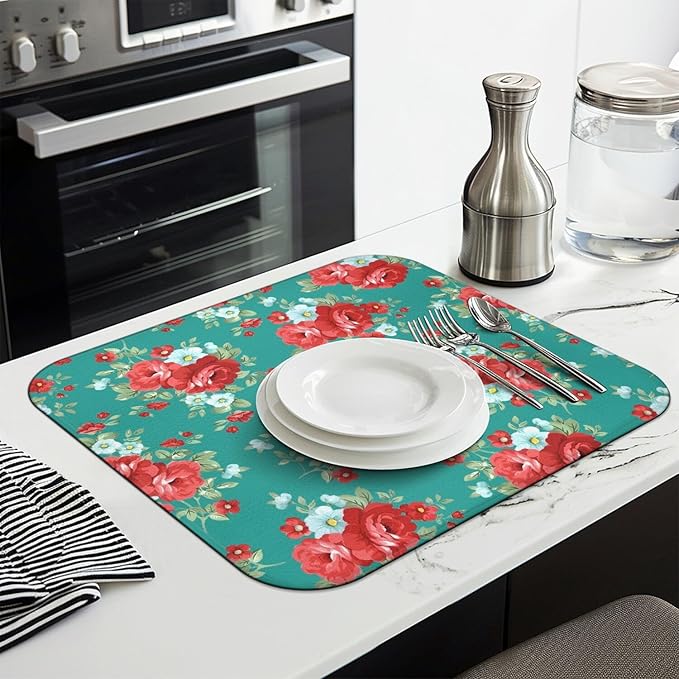 Dish Drying Mat Drainer Pads - Extra Large Microfiber Drying Mats for Dishes Kitchen Counter Super Absorbent Pads for Draining Racks (Green,16"x18" )