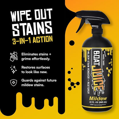 Boat Juice Mildew Stain Remover & Restorer Boat Cleaner | Marine-Grade Boat Mold & Mildew Remover for Vinyl Seats, Upholstery, Cushions & Interior | Fast-Acting, Mango Tango Scent | Made in USA (32oz)