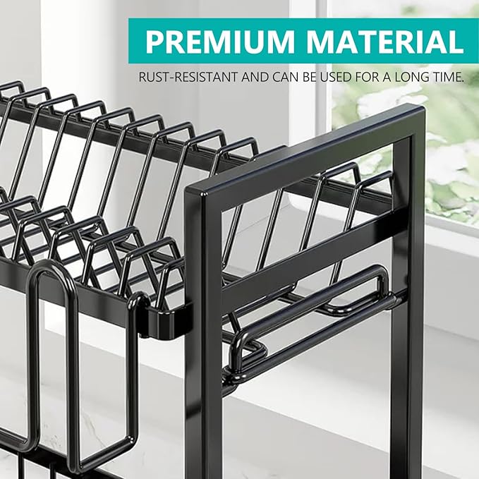 2-Tier Dish Drying Rack for Kitchen Counter, Dish Drainer Dish/Cup/Cutlery Holder Dish Drainer Rack 2 Tier Dish Racks with Utensils Holder, Drainboard & 360° Telescopic Drain Pipe (Black)