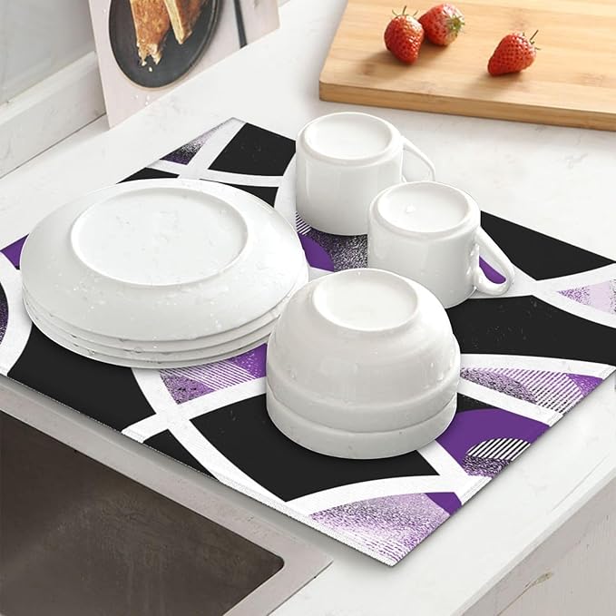 Purple Black White Geometric Abstract Dish Drying Mat for Kitchen Counter & Sink, Absorbent Microfiber Drying Pad for Dishes, Foldable Modern Art Kitchen Mat for Dining Area & Home Decor, 16" x 18"