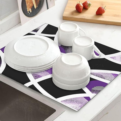 Purple Black White Geometric Abstract Dish Drying Mat for Kitchen Counter & Sink, Absorbent Microfiber Drying Pad for Dishes, Foldable Modern Art Kitchen Mat for Dining Area & Home Decor, 16" x 18"