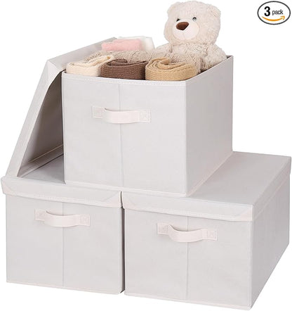 WUIKE Closet Storage Bin with Lids, Decorative Fabric Storage Bins for Clothes, Collapsible Storage Boxes for Home and Closet Organization, Beige, Extra Large, 3-Pack