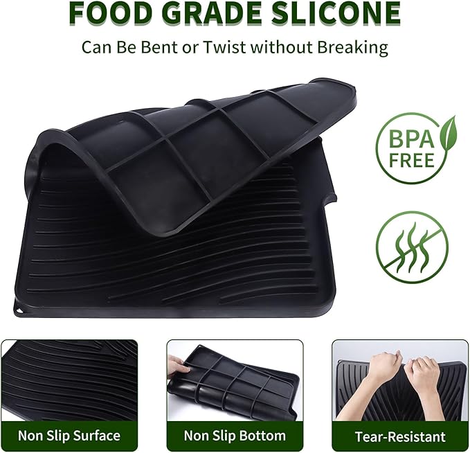 Silicone Dish Drying Mat 16x13 Multiple Usage,Easy clean,Eco-friendly,Heat-resistant Silicone Mat Dish Drying Mats For Kitchen Counter or Sink,Refrigerator or Drawer liner Black16inchx13inch