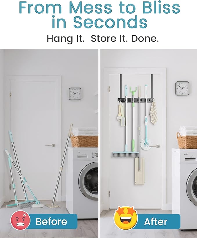 HULISEN Broom Holder Door Mount, Over the Door Broom and Mop Holder with 0.6" Thick Pads, Wood Mop Organizer Tool Hanger with 4 Racks & 2 Hooks for Laundry Cabinet Kitchen Garage, No Drills
