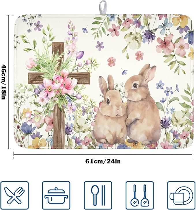 Easter Bunny Dish Drying Mat 18 x 24 Inch Rabbit Dish Drainer Rack Mat Colorful Floral Mat Absorbent Microfiber for Holiday Kitchen Coffee Dining Bar Decor