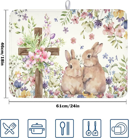 Easter Bunny Dish Drying Mat 18 x 24 Inch Rabbit Dish Drainer Rack Mat Colorful Floral Mat Absorbent Microfiber for Holiday Kitchen Coffee Dining Bar Decor
