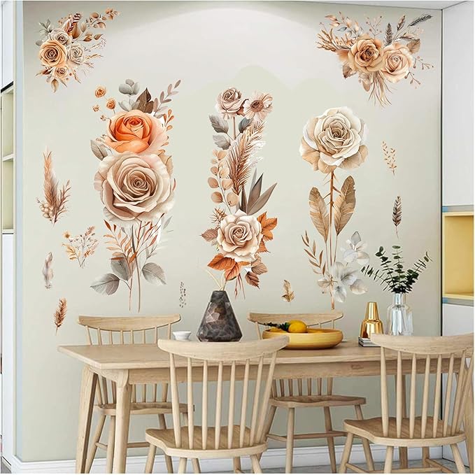 Boho Flower Wall Stickers Wildflower Floral Grass Peel and Stick Wall Stickers Living Room Bedroom Nursery Wall Decor (Orange)